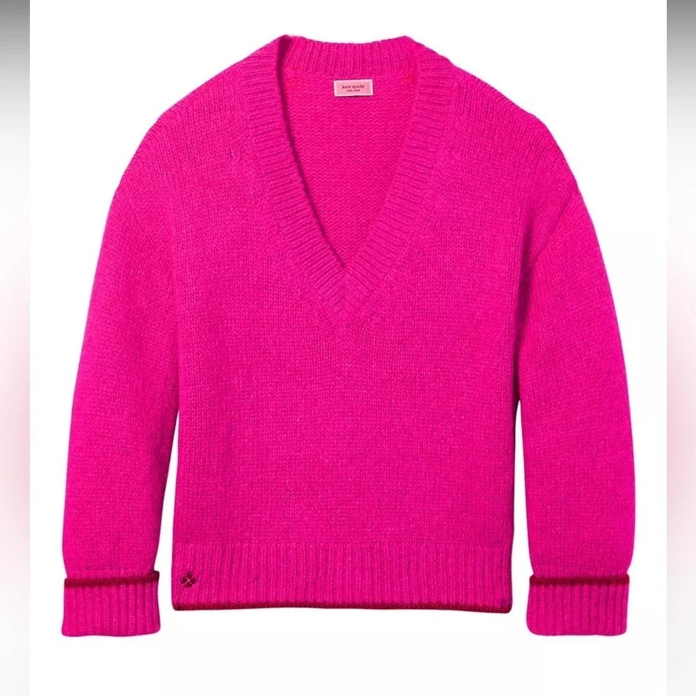 Kate Spade Tipped V Neck Sweater‎ color Pink Size XL NEW with TAGS!